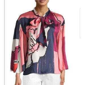 Tanya Taylor Pink Floral Satin Tie Front Avril Blouse S